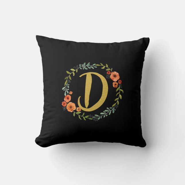 Flower Wreath Gold Monogram Initial D Cushion (Front)