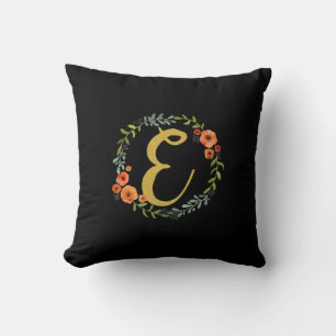 Flower Wreath Gold Monogram Initial E Cushion