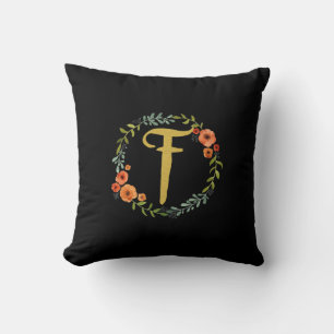 Flower Wreath Gold Monogram Initial F Cushion