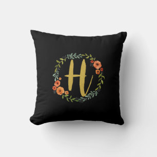Flower Wreath Gold Monogram Initial H Cushion