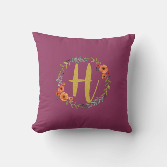 Flower Wreath Gold Monogram Initial I Cushion (Front)