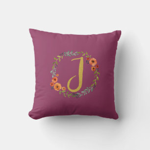 Flower Wreath Gold Monogram Initial J Cushion