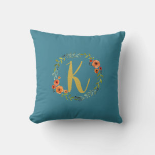 Flower Wreath Gold Monogram Initial K Cushion Teal