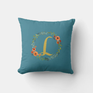 Flower Wreath Gold Monogram Initial L Cushion Teal
