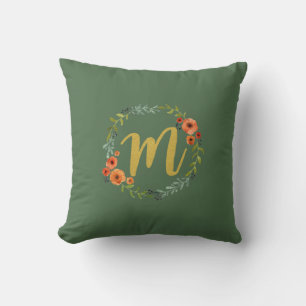 Flower Wreath Gold Monogram Initial M Cushion