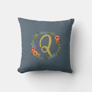Flower Wreath Gold Monogram Initial Q Cushion