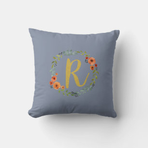 Flower Wreath Gold Monogram Initial R Cushion