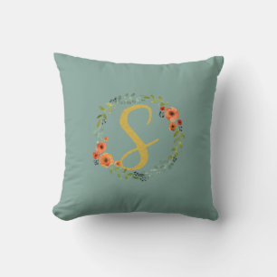 Flower Wreath Gold Monogram Initial S Cushion