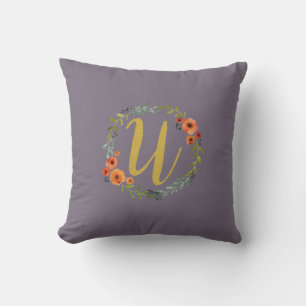 Flower Wreath Gold Monogram Initial U Cushion