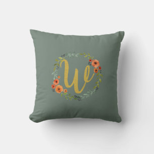 Flower Wreath Gold Monogram Initial W Cushion