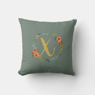 Flower Wreath Gold Monogram Initial X Cushion