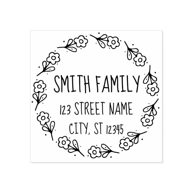 Flower Wreath Hand Drawn Look - Customisable Rubber Stamp (Imprint)