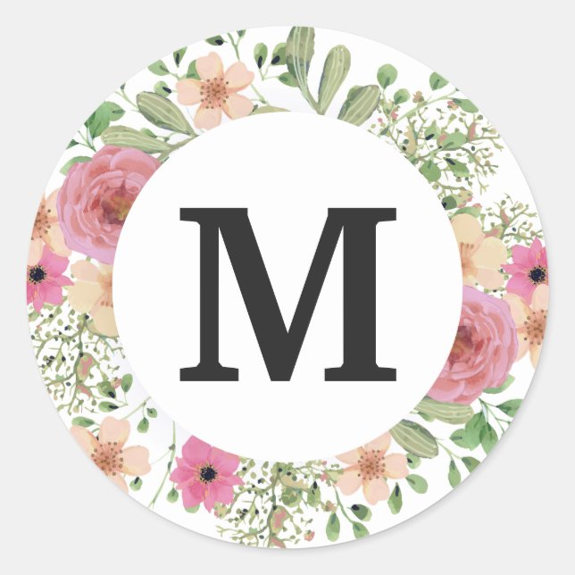 Flower Wreath Monogram Classic cute Round Sticker (Front)