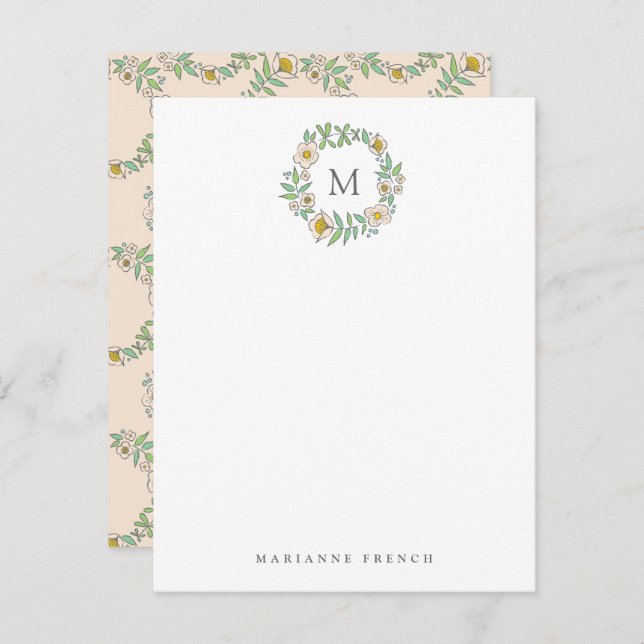 Flower Wreath Monogram Personal Stationery Note Invitation (Front/Back)