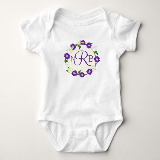 Flower Wreath Monogram Purple Baby Bodysuit (Front)