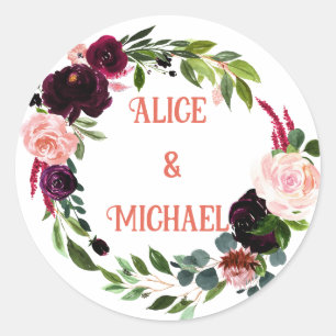 Flower wreath MONOGRAMM boho pink burgundy  Classi Classic Round Sticker