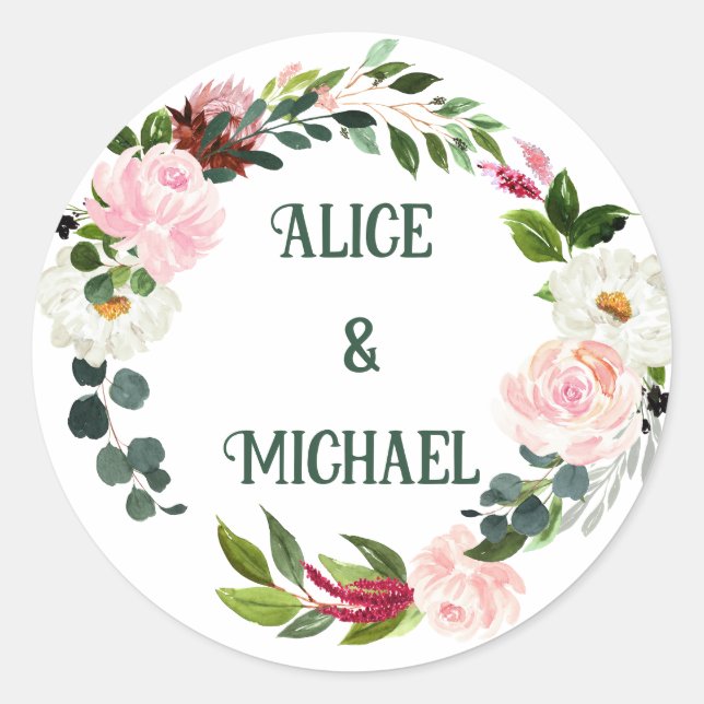 Flower wreath MONOGRAMM boho pink burgundy  Classic Round Sticker (Front)