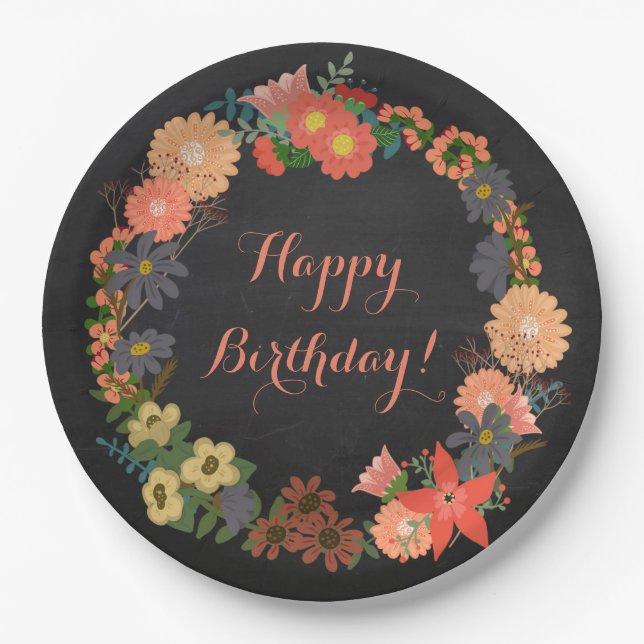 Flower Wreath on Chalkboard Birthday Paper Plates (Front)