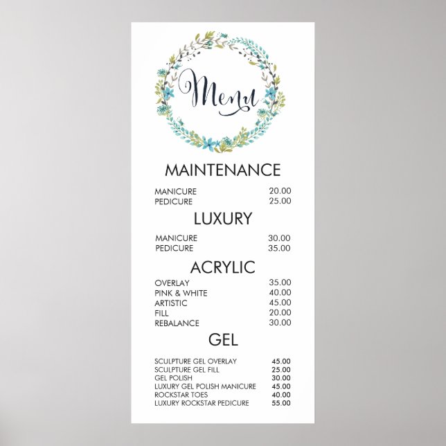 Flower Wreath Salon Menu Price List Wall Poster (Front)