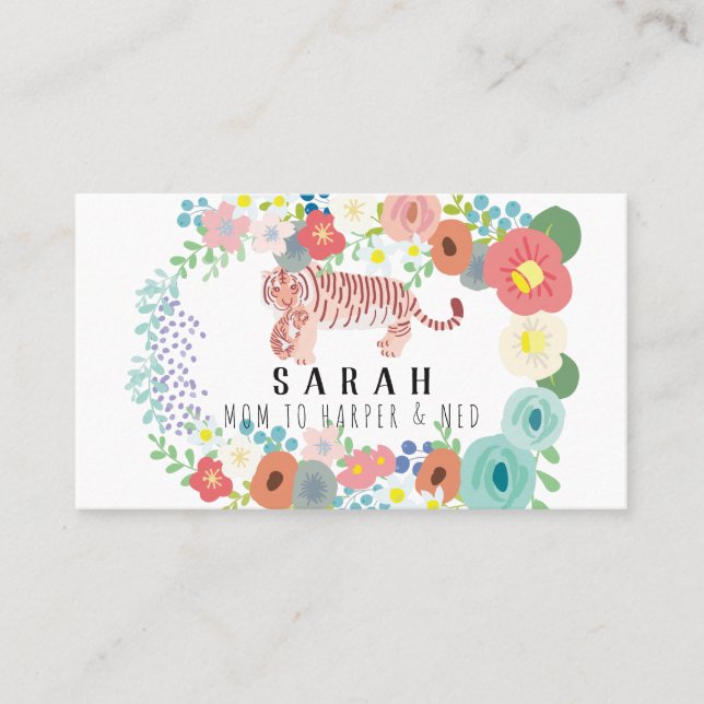 Flower Wreath Tiger Mum & Cub Mummy Business Card (Front)
