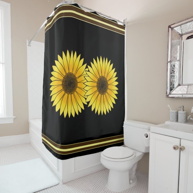 Flower Yellow Double Sunflower Black Background Shower Curtain (In Situ)