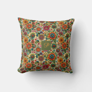Flower yellow orange cottagecore Pattern monogram Cushion