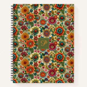 Flower yellow orange cottagecore Pattern monogram Notebook