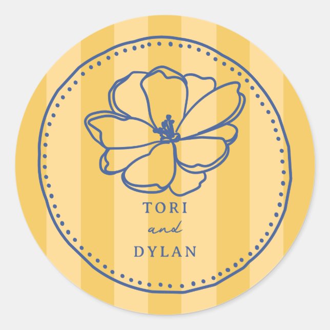 Flower Yellow Stripe Blue Botanical Wedding Classic Round Sticker (Front)