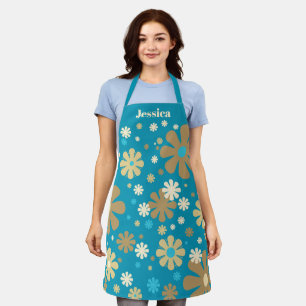 Flowerama Retro Floral Personalised Turquoise Apron