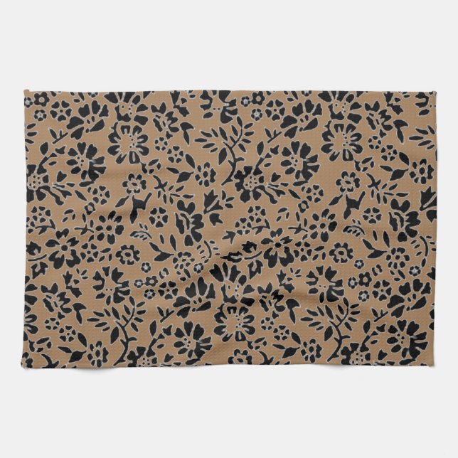 FLOWERED/ BROWN & BLACK KITCHEN HAND TOWEL! TEA TOWEL (Horizontal)