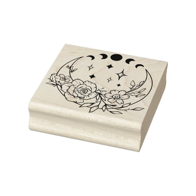 Flowered Crescent Moon With Moon Phases Rubber Stamp (Stamp)
