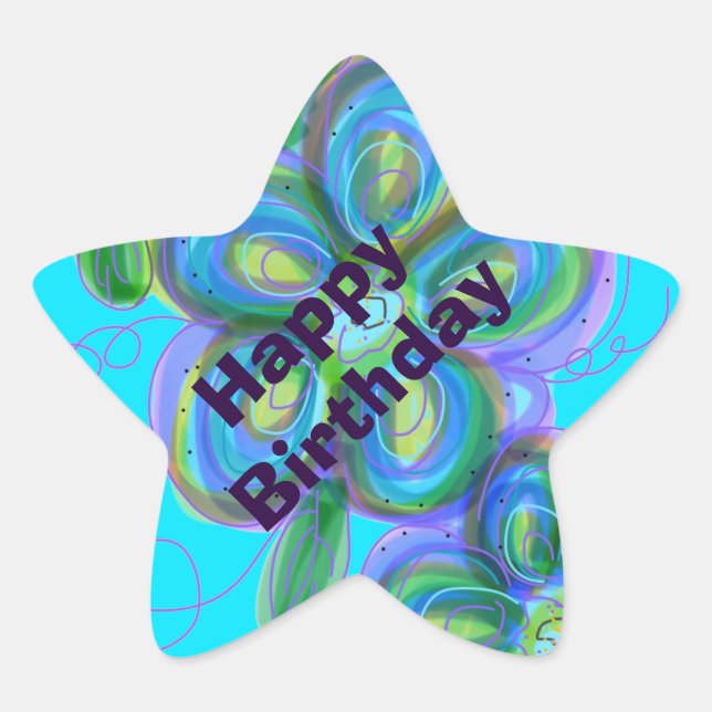 Flowered Happy Birthday Star Sticker (Front)