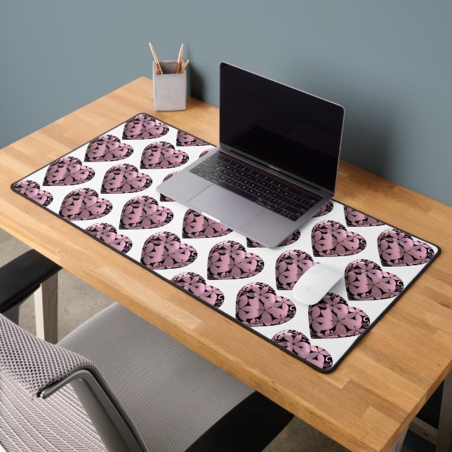 Flowered Hearts in Black Desk Mat (Office 2)