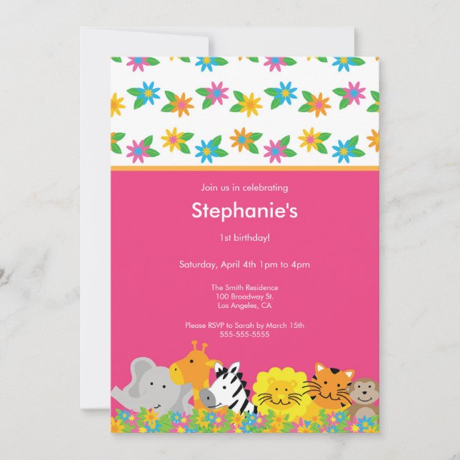 Flowered Jungle Animals  Birthday Party Invitation (Front)