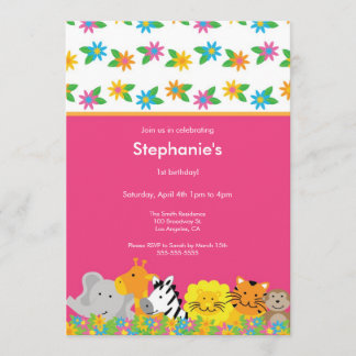 Flowered Jungle Animals Birthday Party Invitation