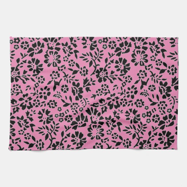 FLOWERED/ PINK & BLACK KITCHEN HAND TOWEL! TEA TOWEL (Horizontal)