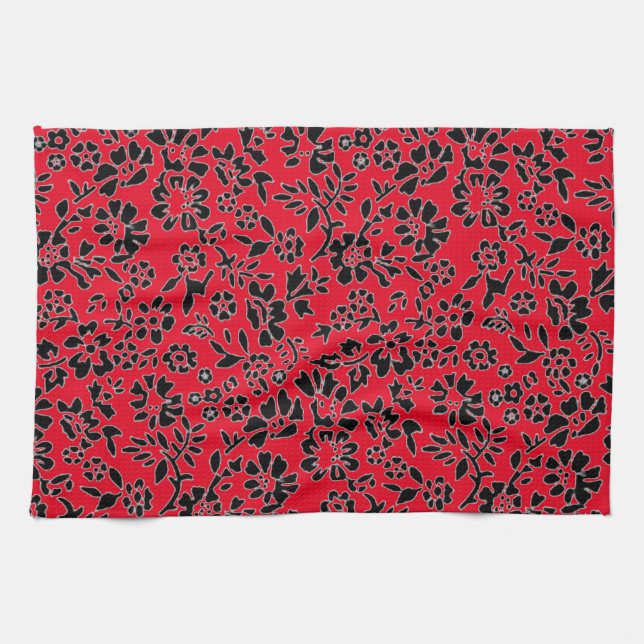 FLOWERED/ RED & BLACK KITCHEN HAND TOWEL! TEA TOWEL (Horizontal)