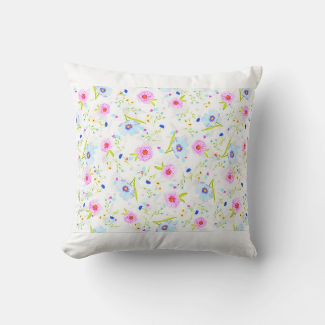 FLOWERED throw pillow in white. (Front)