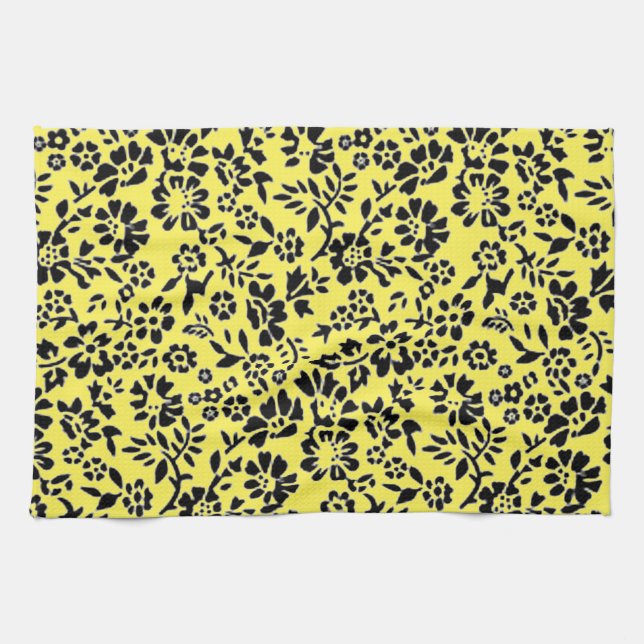 FLOWERED/ YELLOW & BLACK KITCHEN HAND TOWEL! TEA TOWEL (Horizontal)
