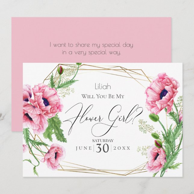 Flowergirl | Pink Watercolor Poppies Invitation (Front/Back)