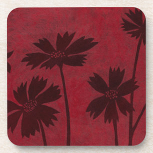 Flowerhead Silhouettes on Crimson Background Coaster