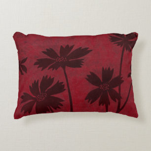 Flowerhead Silhouettes on Crimson Background Decorative Cushion