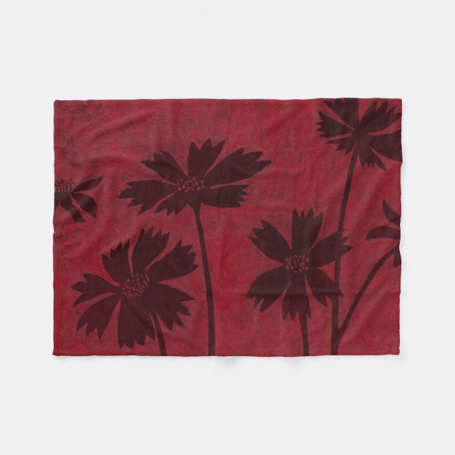 Flowerhead Silhouettes on Crimson Background Fleece Blanket (Front (Horizontal))