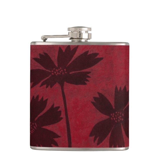Flowerhead Silhouettes on Crimson Background Hip Flask (Front)