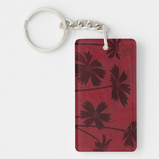 Flowerhead Silhouettes on Crimson Background Key Ring (Front)