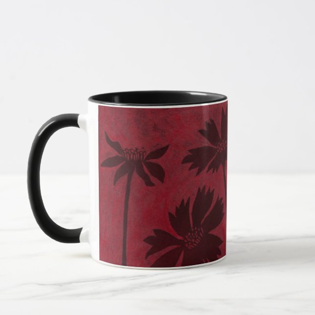 Flowerhead Silhouettes on Crimson Background Mug (Left)