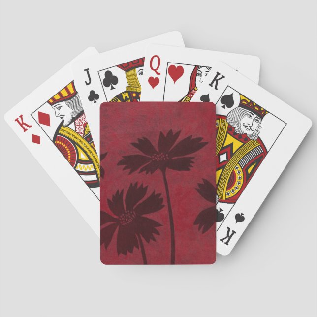 Flowerhead Silhouettes on Crimson Background Playing Cards (Back)
