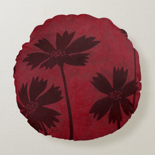Flowerhead Silhouettes on Crimson Background Round Cushion (Front)