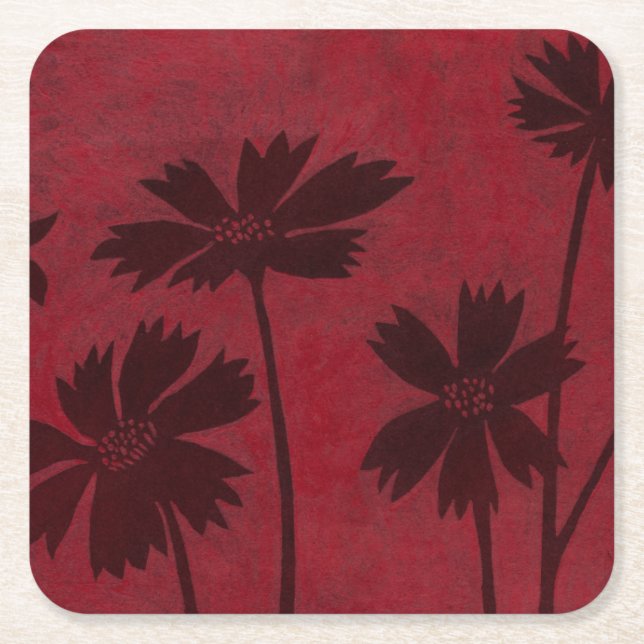 Flowerhead Silhouettes on Crimson Background Square Paper Coaster (Front)