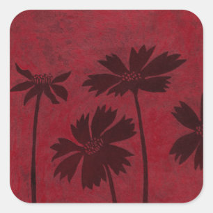 Flowerhead Silhouettes on Crimson Background Square Sticker